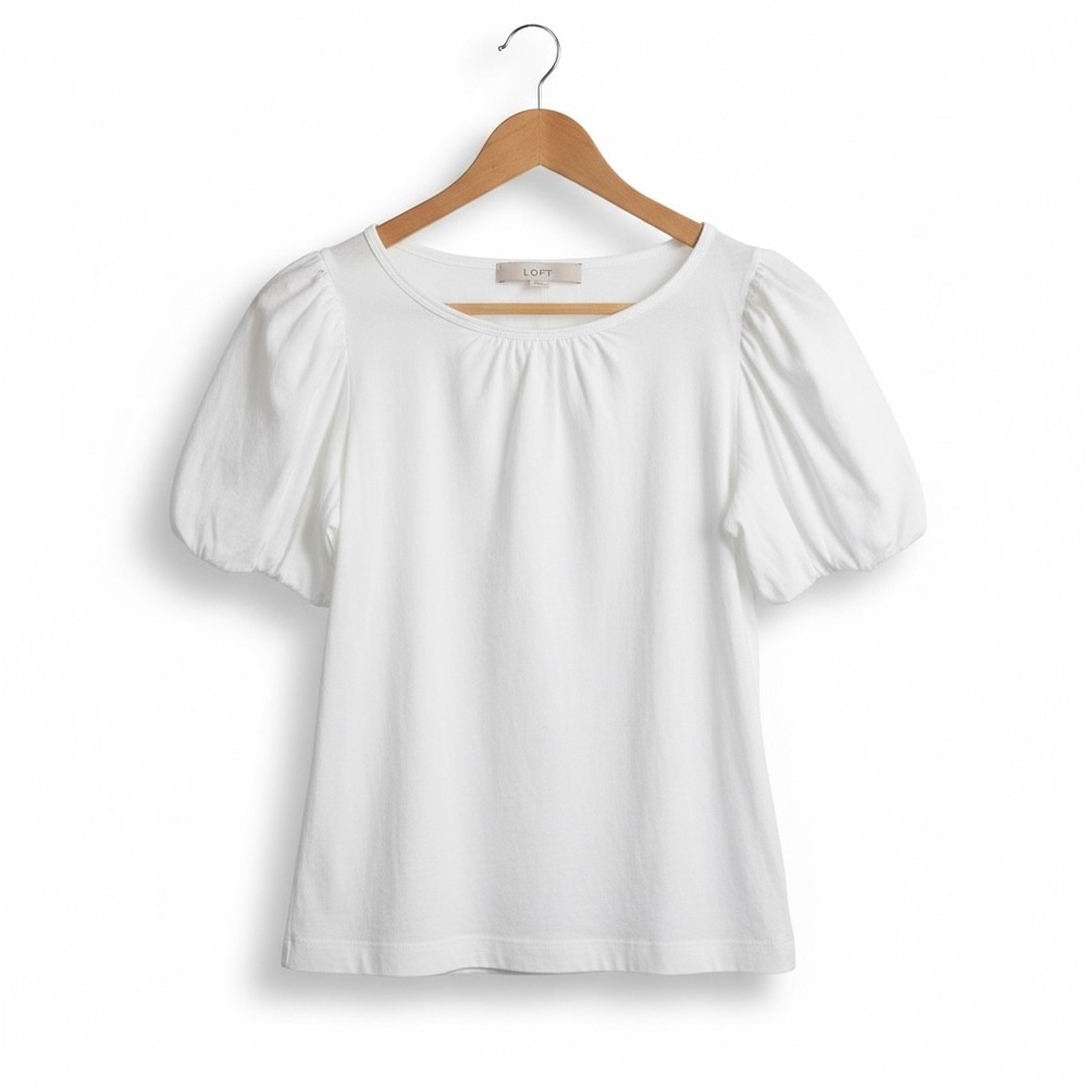 LOFT White Puff Sleeve Gathered Neck T Shirt Top Womens XS Cotton‎ Blend